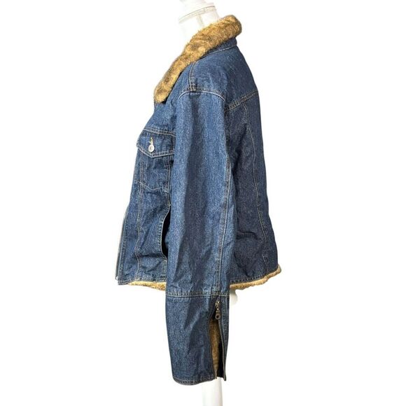Austin Denim Jacket Size Large Blue Fur Collar Long Sleeve Zip Trucker Western - Picture 5 of 13